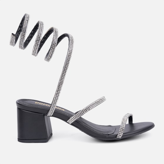 Sandália Feminina Salto Grosso Tira Strass Espiral Mola Moda Preto