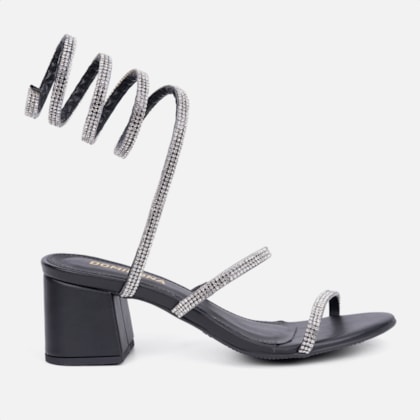 Sandália Feminina Salto Grosso Tira Strass Espiral Mola Moda Preto