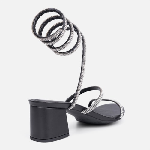 Sandália Feminina Salto Grosso Tira Strass Espiral Mola Moda Preto