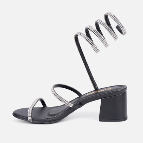 Sandália Feminina Salto Grosso Tira Strass Espiral Mola Moda Preto