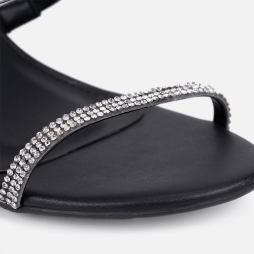 Sandália Feminina Salto Grosso Tira Strass Espiral Mola Moda Preto