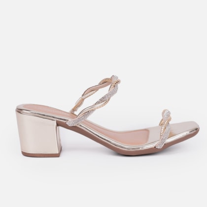 Sandália Feminina Salto Grosso Tiras Trança Entrelaçada Strass Dourado