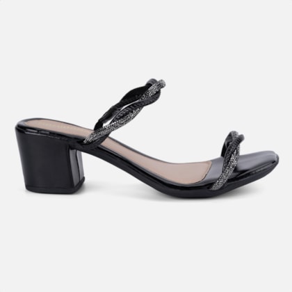 Sandália Feminina Salto Grosso Tiras Trança Entrelaçada Strass Preta