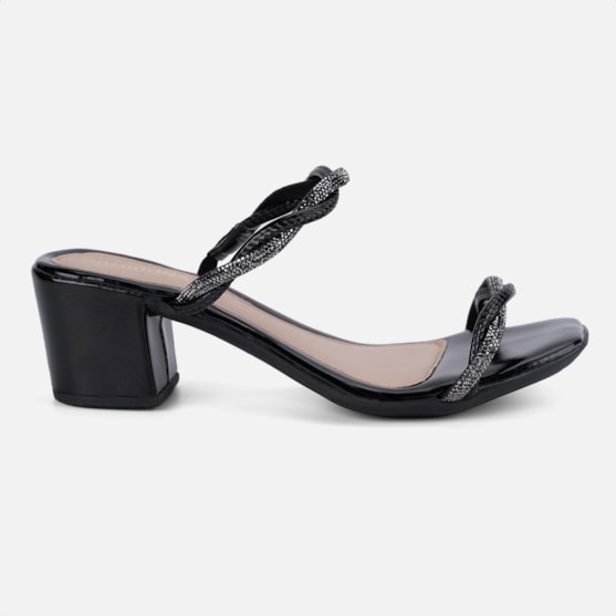 Sandália Feminina Salto Grosso Tiras Trança Entrelaçada Strass Preta