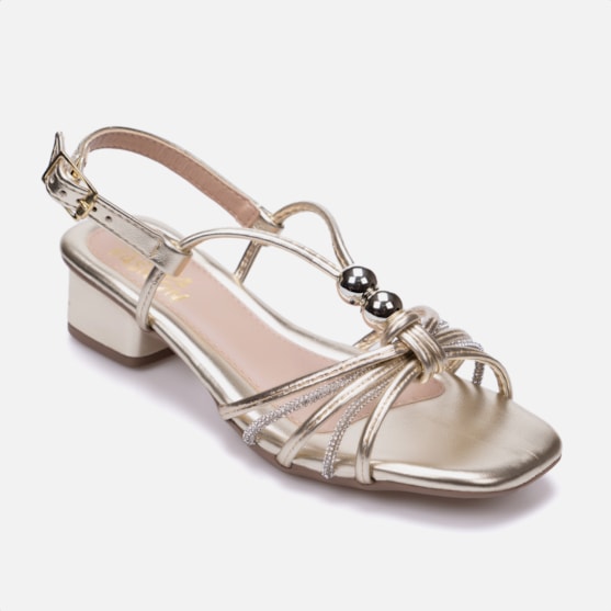 Segunda imagem do produto Sandália Feminina Salto Infantil Tiras Strass Detalhe Pérolas Dourado