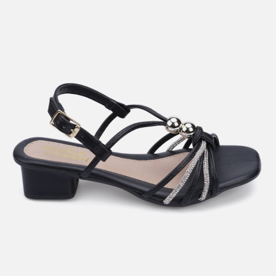 Sandália Feminina Salto Infantil Tiras Strass Detalhe Pérolas Preta