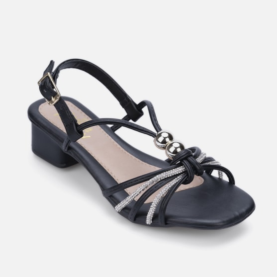 Segunda imagem do produto Sandália Feminina Salto Infantil Tiras Strass Detalhe Pérolas Preta