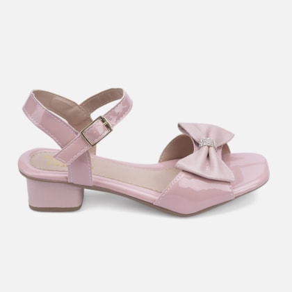 Sandália Feminina Salto Infantil Verniz Laço Brilhante Strass Nude