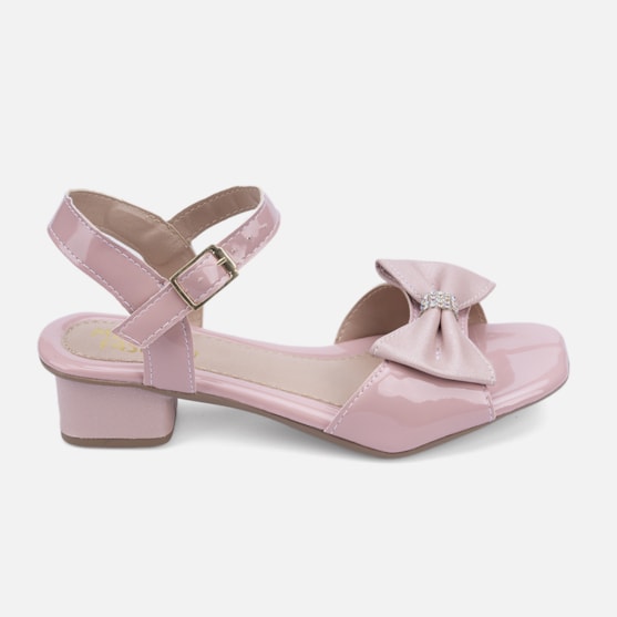 Sandália Feminina Salto Infantil Verniz Laço Brilhante Strass Nude