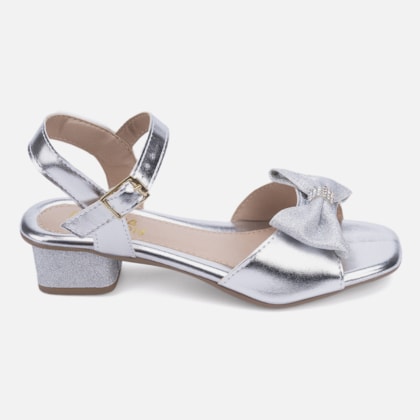 Sandália Feminina Salto Infantil Verniz Laço Brilhante Strass Prata
