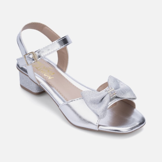 Segunda imagem do produto Sandália Feminina Salto Infantil Verniz Laço Brilhante Strass Prata