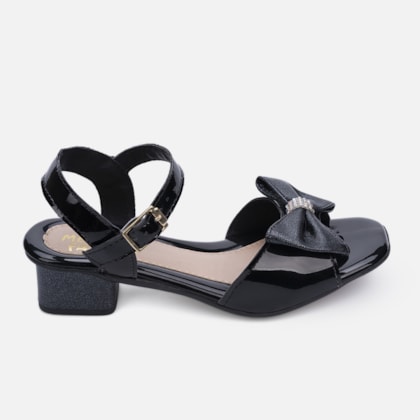 Sandália Feminina Salto Infantil Verniz Laço Brilhante Strass Preto