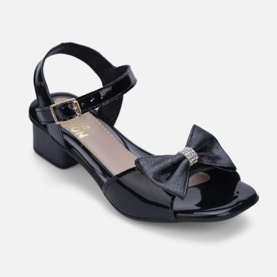 Segunda imagem do produto Sandália Feminina Salto Infantil Verniz Laço Brilhante Strass Preto
