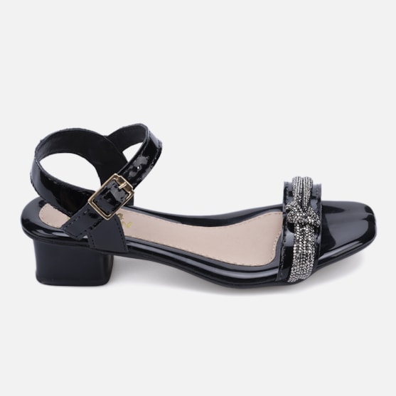 Sandália Feminina Salto Infantil Verniz Tiras Strass Nó Brilho Preta