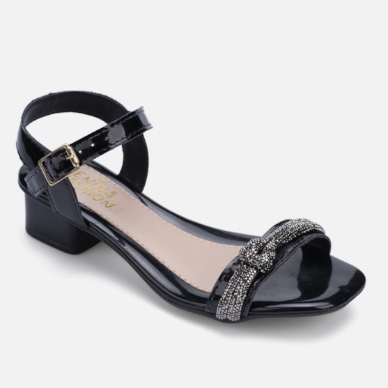 Segunda imagem do produto Sandália Feminina Salto Infantil Verniz Tiras Strass Nó Brilho Preta