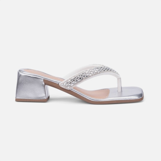 Sandália Feminina Tamanco Salto Bloco E Tira De Strass Prata