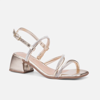 Segunda imagem do produto Sandália Feminina Tiras De Strass Cruzadas E Salto Médio Dourada