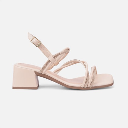 Sandália Feminina Tiras De Strass Cruzadas E Salto Médio Nude