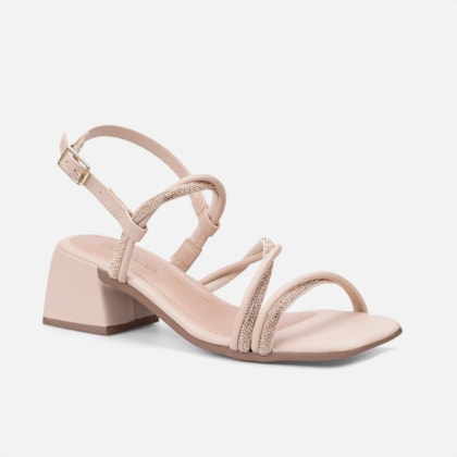 Segunda imagem do produto Sandália Feminina Tiras De Strass Cruzadas E Salto Médio Nude