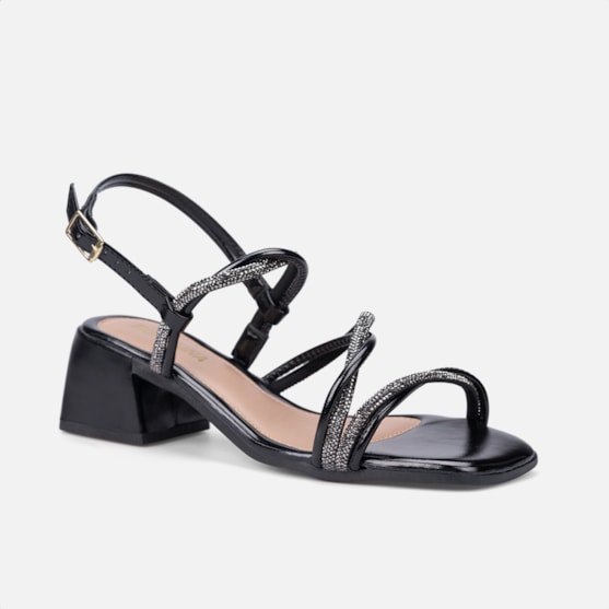 Segunda imagem do produto Sandália Feminina Tiras De Strass Cruzadas E Salto Médio Preta