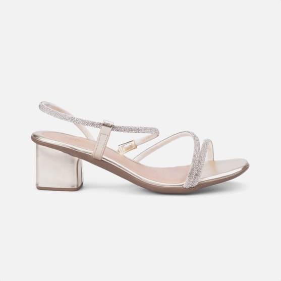 Sandália Feminina Tiras Strass De Amarração E Salto Bloco Dourada