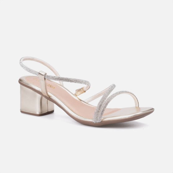 Segunda imagem do produto Sandália Feminina Tiras Strass De Amarração E Salto Bloco Dourada