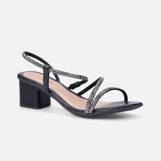 Segunda imagem do produto Sandália Feminina Tiras Strass De Amarração E Salto Bloco Preta