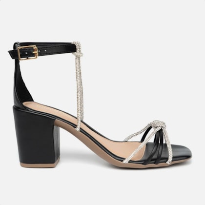 Sandália Feminina Tiras Strass Nó Salto Grosso Bloco Brilho Preta