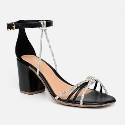 Segunda imagem do produto Sandália Feminina Tiras Strass Nó Salto Grosso Bloco Brilho Preta