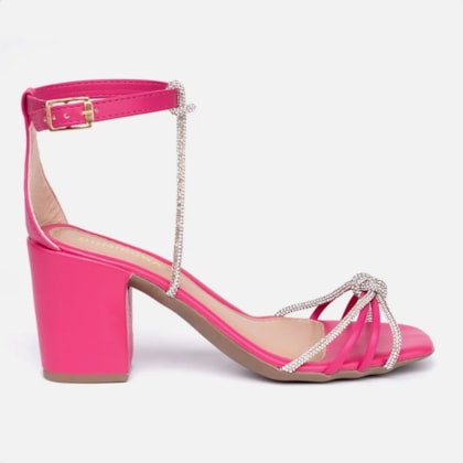 Sandália Feminina Strass Salto Bloco Grosso Luxo Elegante Rosa
