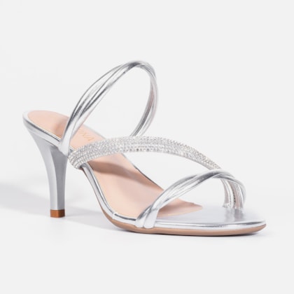 Segunda imagem do produto Sandália Feminina Tiras Triplas Cruzadas Com Strass e Salto Alto Fino Prata