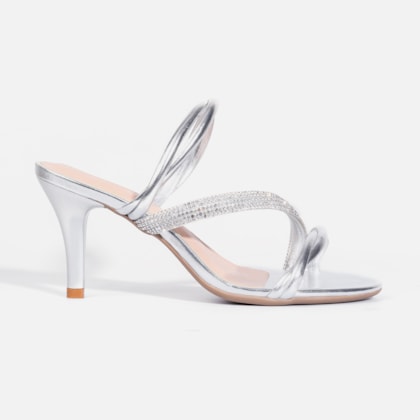 Sandália Feminina Tiras Triplas Cruzadas Com Strass e Salto Alto Fino Prata