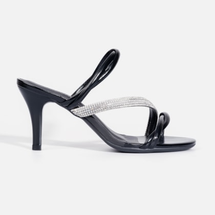 Sandália Feminina Tiras Triplas Cruzadas Com Strass e Salto Alto Fino Preta