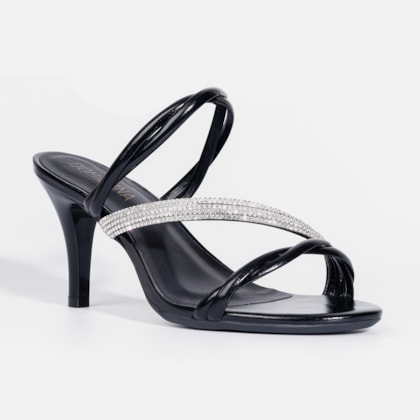 Segunda imagem do produto Sandália Feminina Tiras Triplas Cruzadas Com Strass e Salto Alto Fino Preta