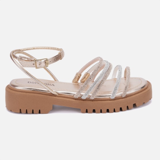 Sandália Feminina Tratorada Flatform Strass Brilhante Tiras Cobre