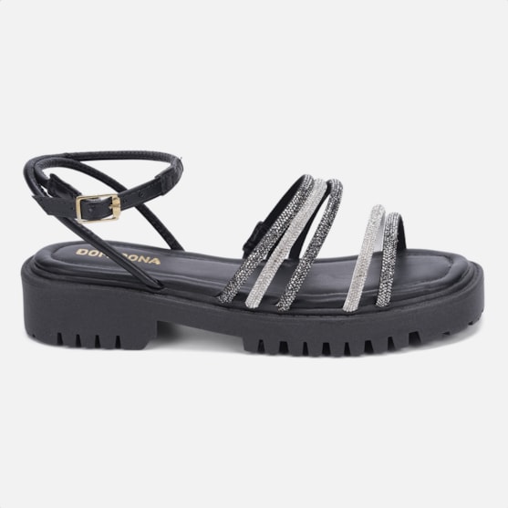 Sandália Feminina Tratorada Flatform Strass Brilhante Tiras Preta