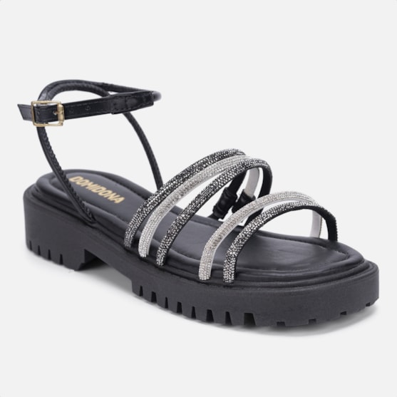 Segunda imagem do produto Sandália Feminina Tratorada Flatform Strass Brilhante Tiras Preta
