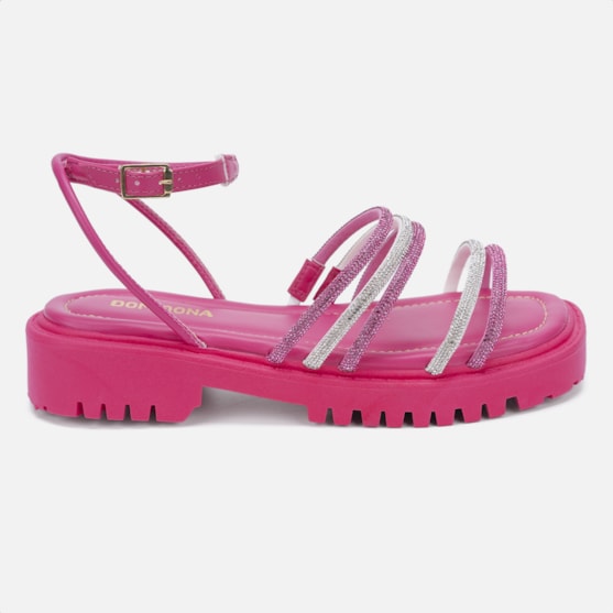 Sandália Feminina Tratorada Flatform Strass Brilhante Tiras Rosa