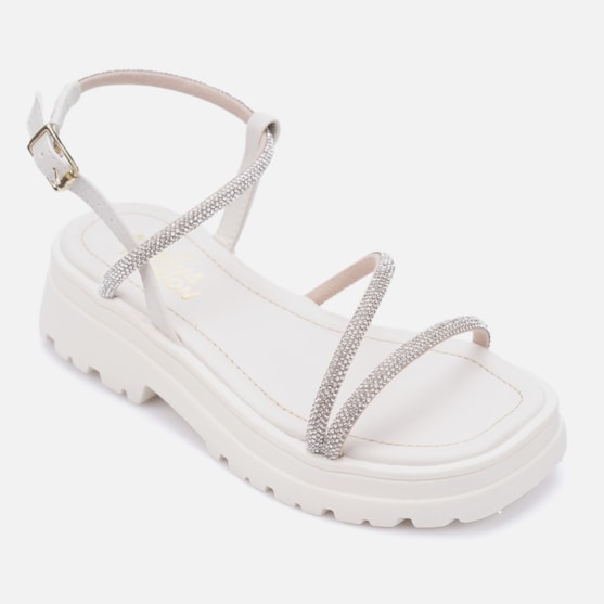 Segunda imagem do produto Sandália Feminina Tratorada Infantil Papete Tiras De Strass Off White
