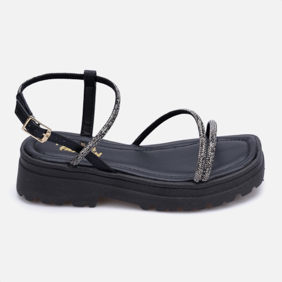 Sandália Feminina Tratorada Infantil Papete Tiras De Strass Preta