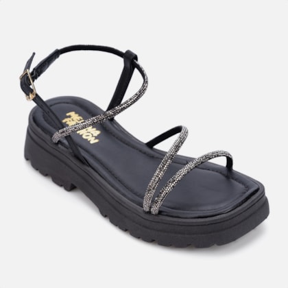Segunda imagem do produto Sandália Feminina Tratorada Infantil Papete Tiras De Strass Preta