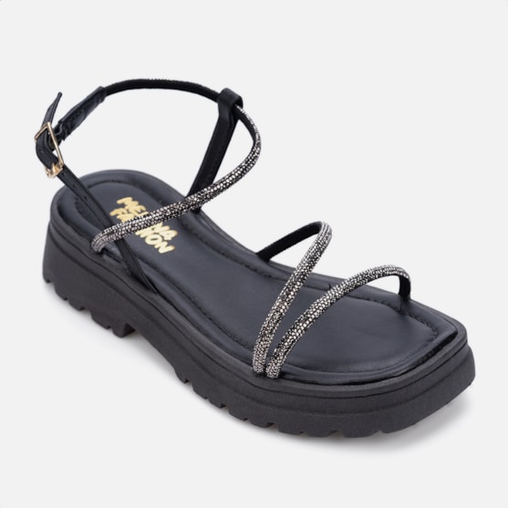 Segunda imagem do produto Sandália Feminina Tratorada Infantil Papete Tiras De Strass Preta