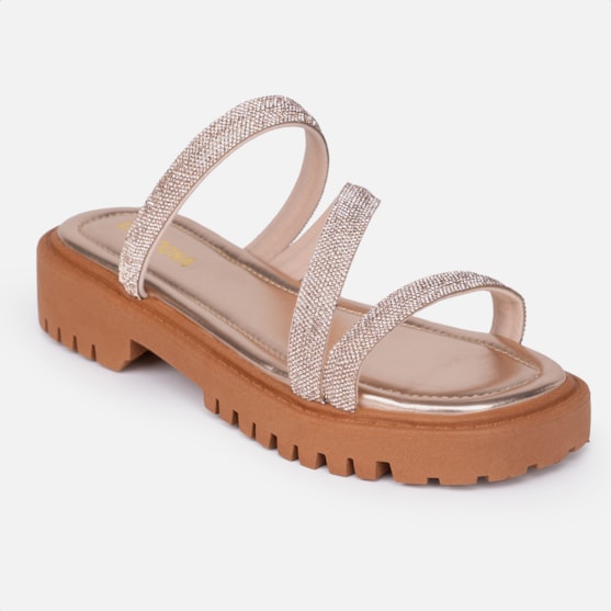 Segunda imagem do produto Sandália Feminina Tratorada Papete Flatform Tira Strass Brilho Cobre