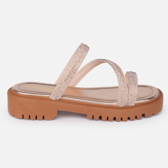 Sandália Feminina Tratorada Papete Flatform Tira Strass Brilho Cobre