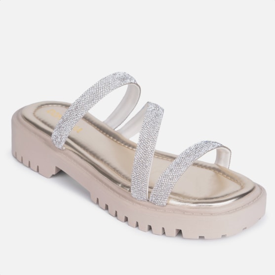 Segunda imagem do produto Sandália Feminina Tratorada Papete Flatform Tira Strass Brilho Dourado