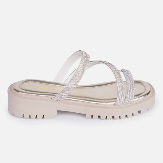 Sandália Feminina Tratorada Papete Flatform Tira Strass Brilho Dourado
