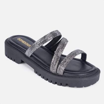 Segunda imagem do produto Sandália Feminina Tratorada Papete Flatform Tira Strass Brilho Preto