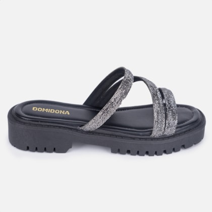 Sandália Feminina Tratorada Papete Flatform Tira Strass Brilho Preto