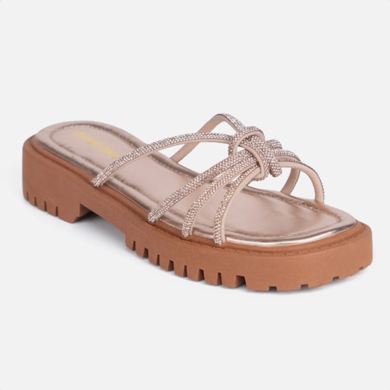 Segunda imagem do produto Sandália Feminina Tratorada Papete Nó Strass Brilhante Luxo Cobre