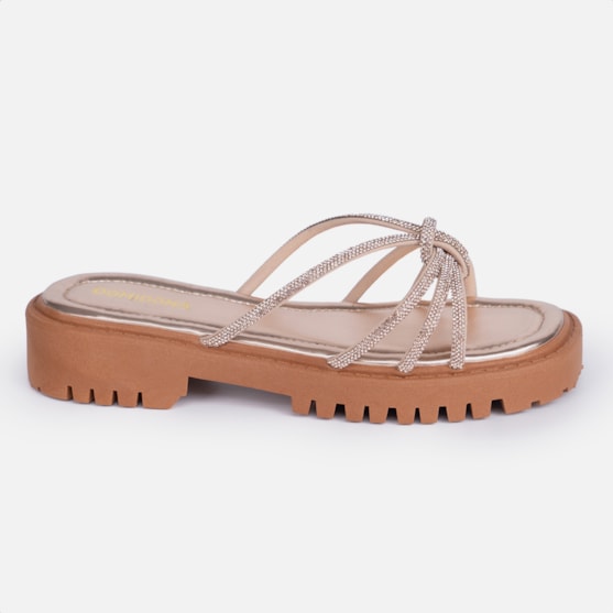 Sandália Feminina Tratorada Papete Nó Strass Brilhante Luxo Cobre